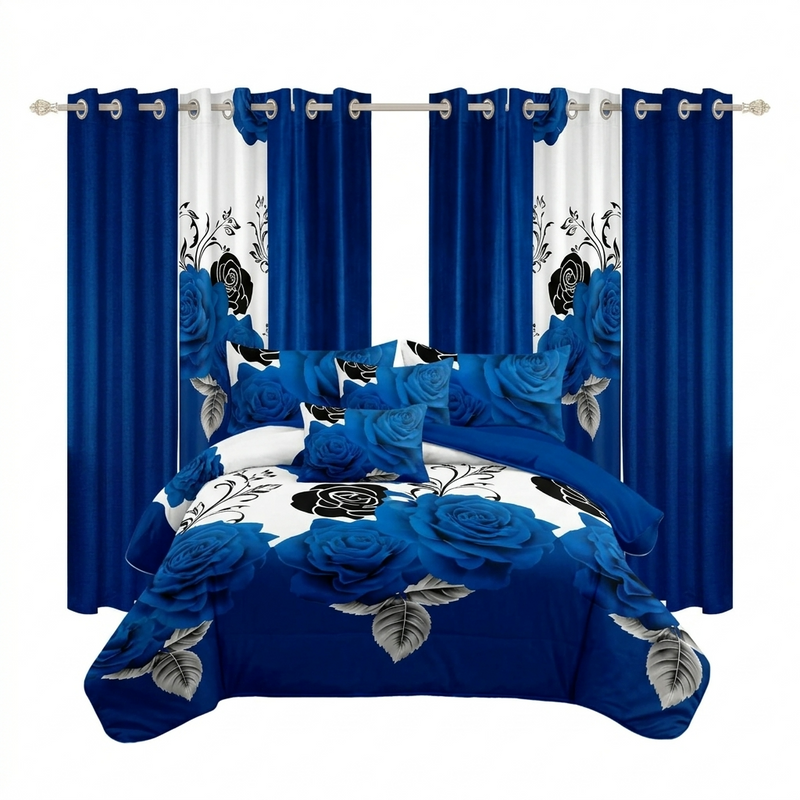 Red, black and gray striped 9-piece bedding set shown with matching curtains