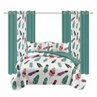 Red, black and gray striped 9-piece bedding set shown with matching curtains