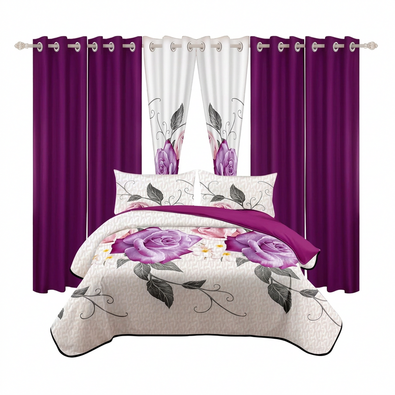Red, black and gray striped 9-piece bedding set shown with matching curtains