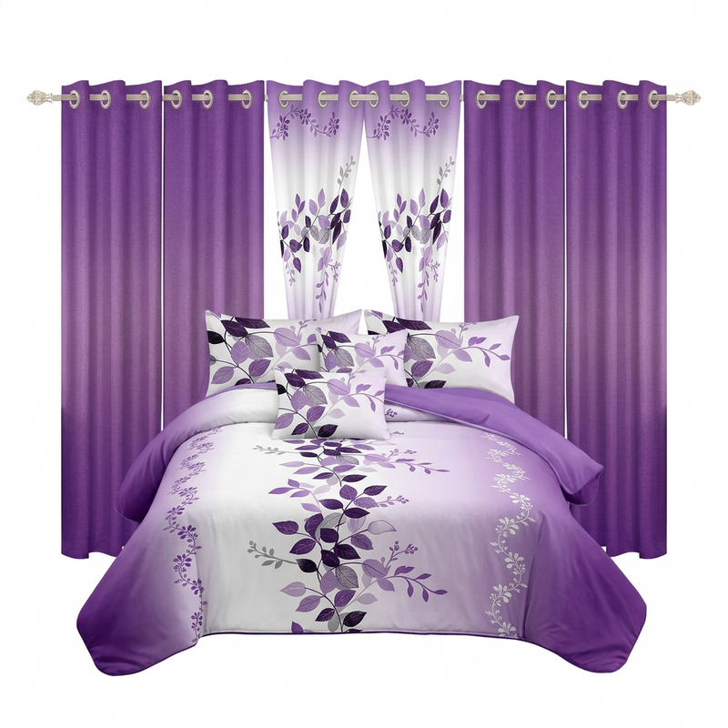 Red, black and gray striped 9-piece bedding set shown with matching curtains
