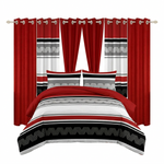 Red, black and gray striped 9-piece bedding set shown with matching curtains