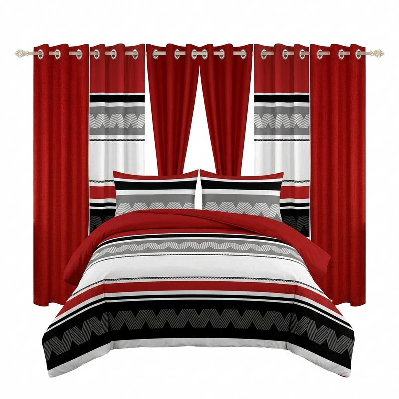 Red, black and gray striped 9-piece bedding set shown with matching curtains