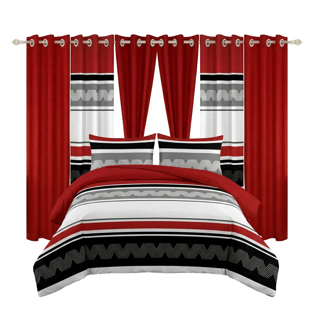 Red, black and gray striped 9-piece bedding set shown with matching curtains