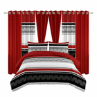 Red, black and gray striped 9-piece bedding set shown with matching curtains