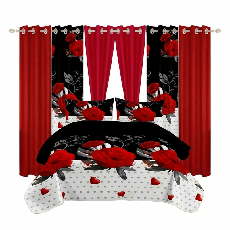 Red, black and gray striped 9-piece bedding set shown with matching curtains