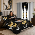 Bedroom styled with the red and black striped bedding set and matching curtains