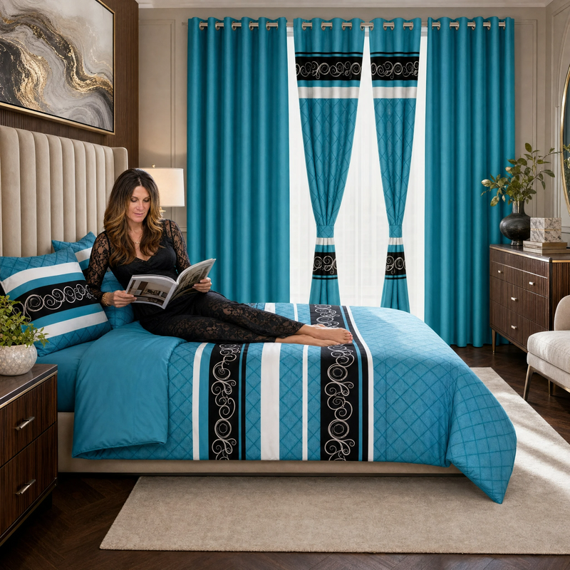 Bedroom styled with the red and black striped bedding set and matching curtains