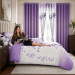 Bedroom styled with the red and black striped bedding set and matching curtains