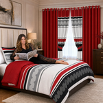 Bedroom styled with the red and black striped bedding set and matching curtains