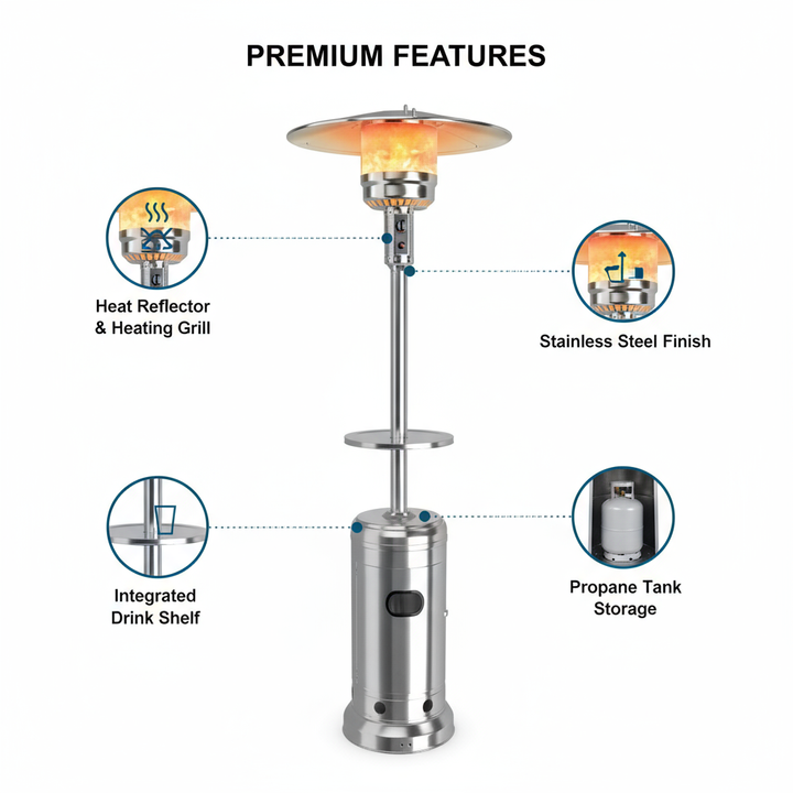 Outdoor Heater Propane Standing LP Gas Steel with Table and Wheels