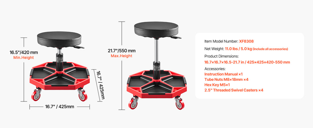 VEVOR Rolling Mechanic Stool with Wheels 300 lbs Garage Seat/Work Stool Padded Roller Creeper Seat with Fixed Height, for Garage