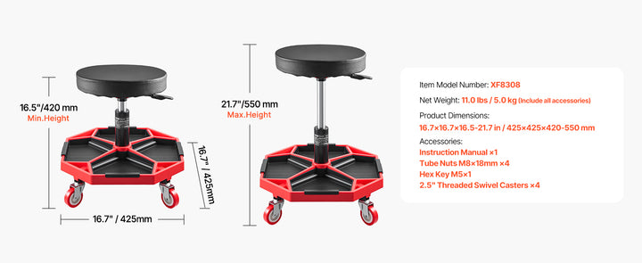 VEVOR Rolling Mechanic Stool with Wheels 300 lbs Garage Seat/Work Stool Padded Roller Creeper Seat with Fixed Height, for Garage