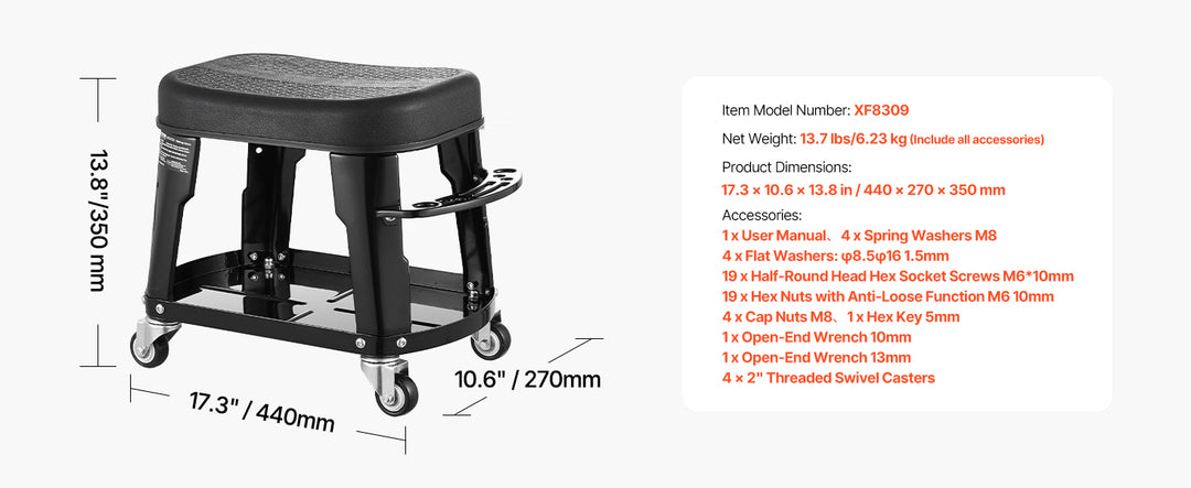 SucceBuy Mechanic Stool 300lbs Garage Seat with Wheels 360° Swivel Rolling Workshop Stool with Tool Tray for Garage, Shop Repair