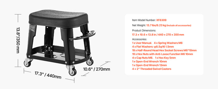 SucceBuy Mechanic Stool 300lbs Garage Seat with Wheels 360° Swivel Rolling Workshop Stool with Tool Tray for Garage, Shop Repair