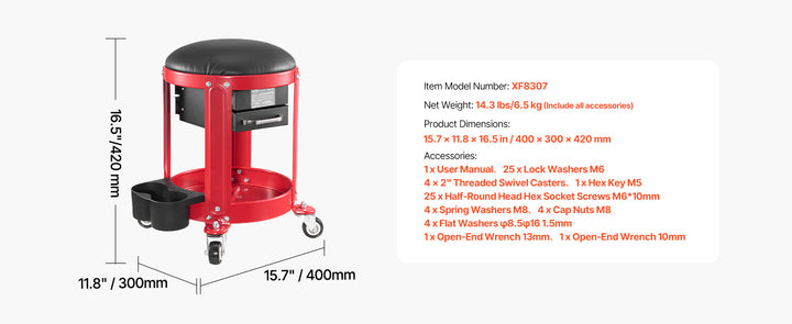 VEVOR Rolling Mechanic Stool with Wheels 300 lbs Garage Seat/Work Stool Padded Roller Creeper Seat with Fixed Height, for Garage
