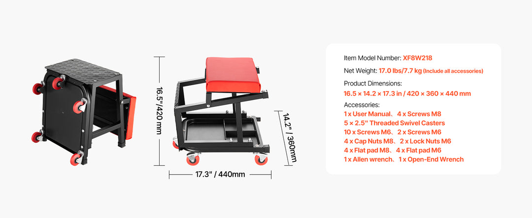SucceBuy Mechanic Stool 300lbs Garage Seat with Wheels 360° Swivel Rolling Workshop Stool with Tool Tray for Garage, Shop Repair
