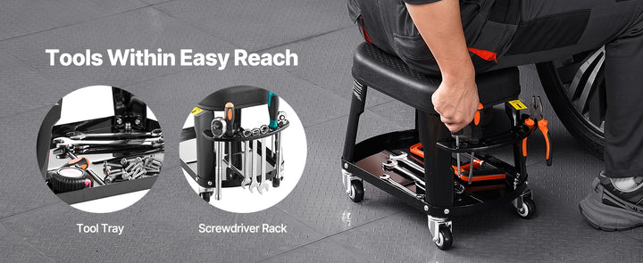 SucceBuy Mechanic Stool 300lbs Garage Seat with Wheels 360° Swivel Rolling Workshop Stool with Tool Tray for Garage, Shop Repair