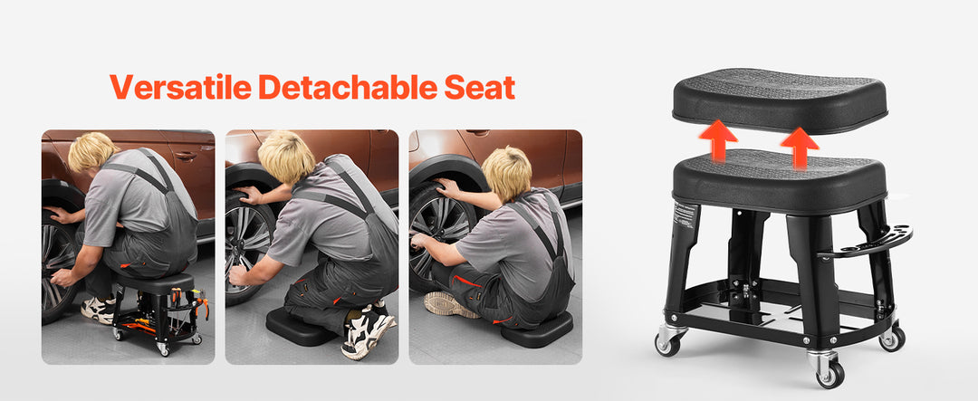 SucceBuy Mechanic Stool 300lbs Garage Seat with Wheels 360° Swivel Rolling Workshop Stool with Tool Tray for Garage, Shop Repair