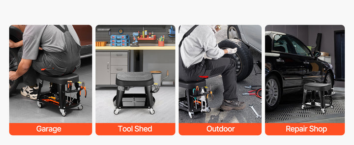SucceBuy Mechanic Stool 300lbs Garage Seat with Wheels 360° Swivel Rolling Workshop Stool with Tool Tray for Garage, Shop Repair
