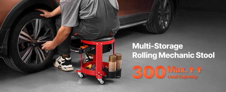 VEVOR Rolling Mechanic Stool with Wheels 300 lbs Garage Seat/Work Stool Padded Roller Creeper Seat with Fixed Height, for Garage