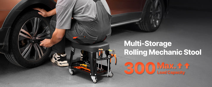 SucceBuy Mechanic Stool 300lbs Garage Seat with Wheels 360° Swivel Rolling Workshop Stool with Tool Tray for Garage, Shop Repair