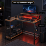 Two setups of a reversible L-shaped gaming desk showing left-side and right-side configurations