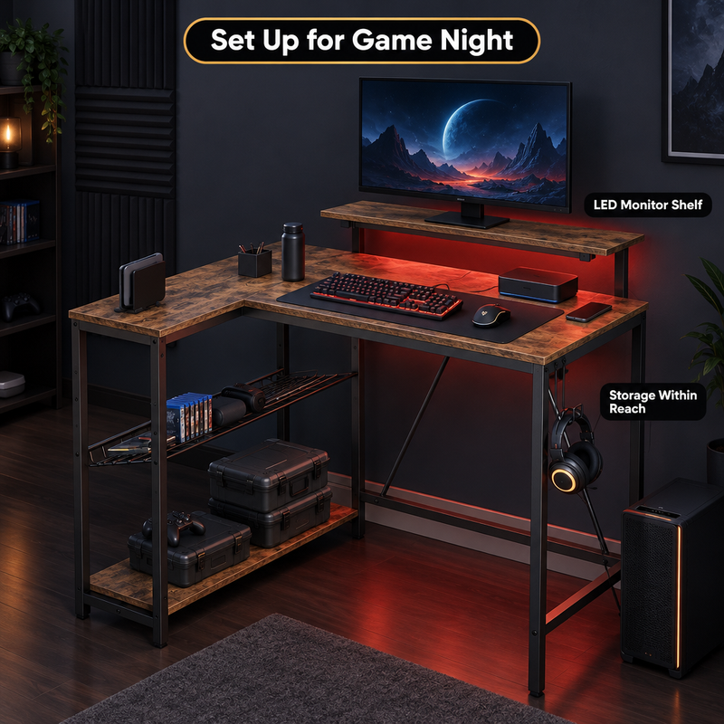 Two setups of a reversible L-shaped gaming desk showing left-side and right-side configurations