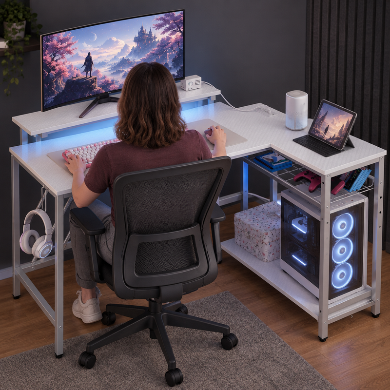 Two setups of a reversible L-shaped gaming desk showing left-side and right-side configurations