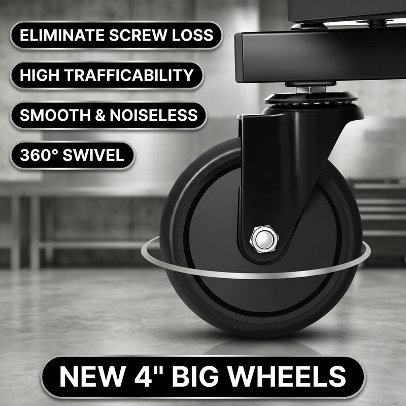 Close-up of a black swivel caster wheel on the rolling garage stool base