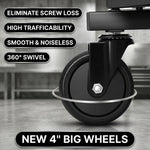 Close-up of a black swivel caster wheel on the rolling garage stool base