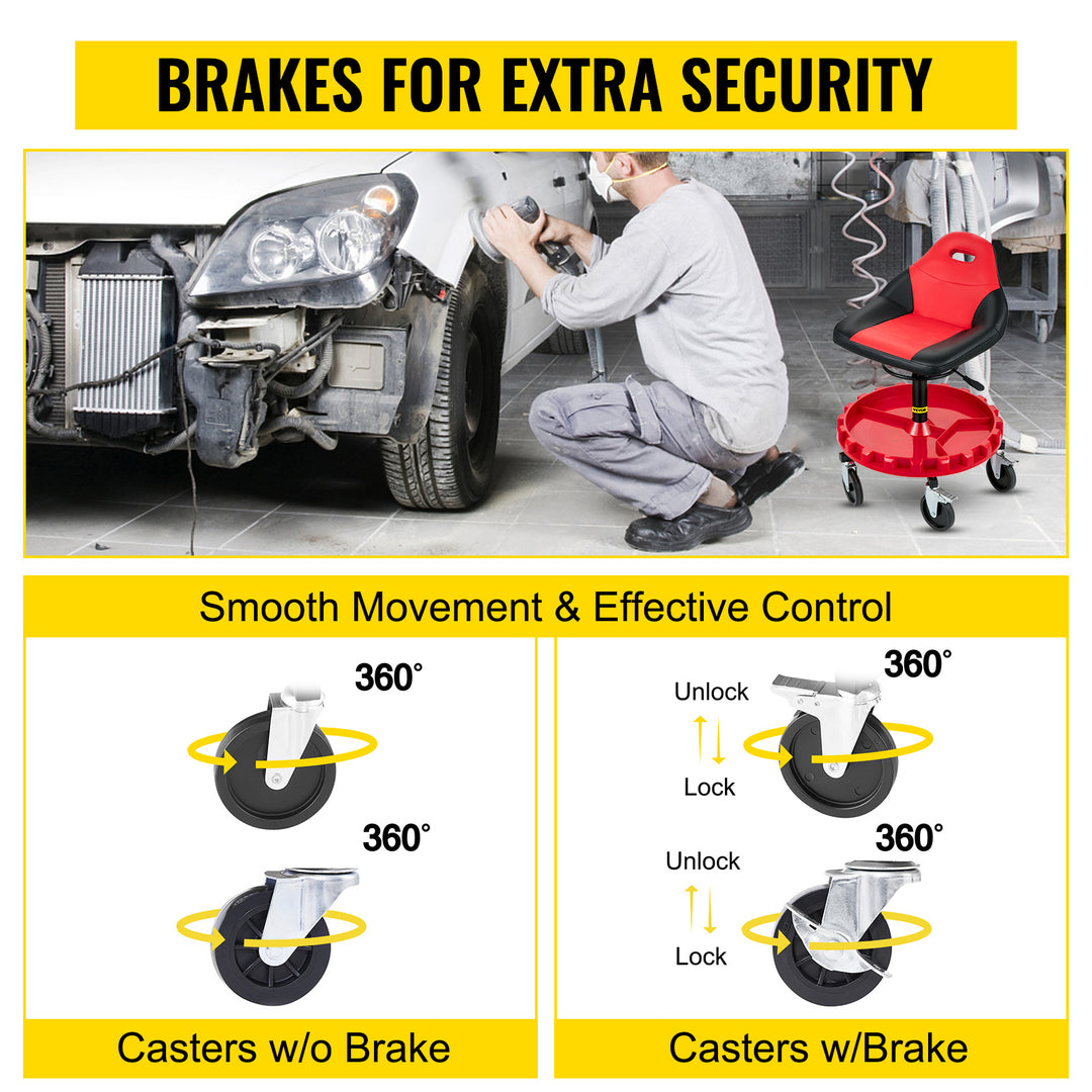 SucceBuy Rolling Garage Stool Car Detailing Stool Adjustable Height Mechanic Seat With Tool Tray Workshop Auto Repair Shop Stool