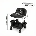 Red rolling garage stool with dimension callouts showing 400 lbs weight capacity