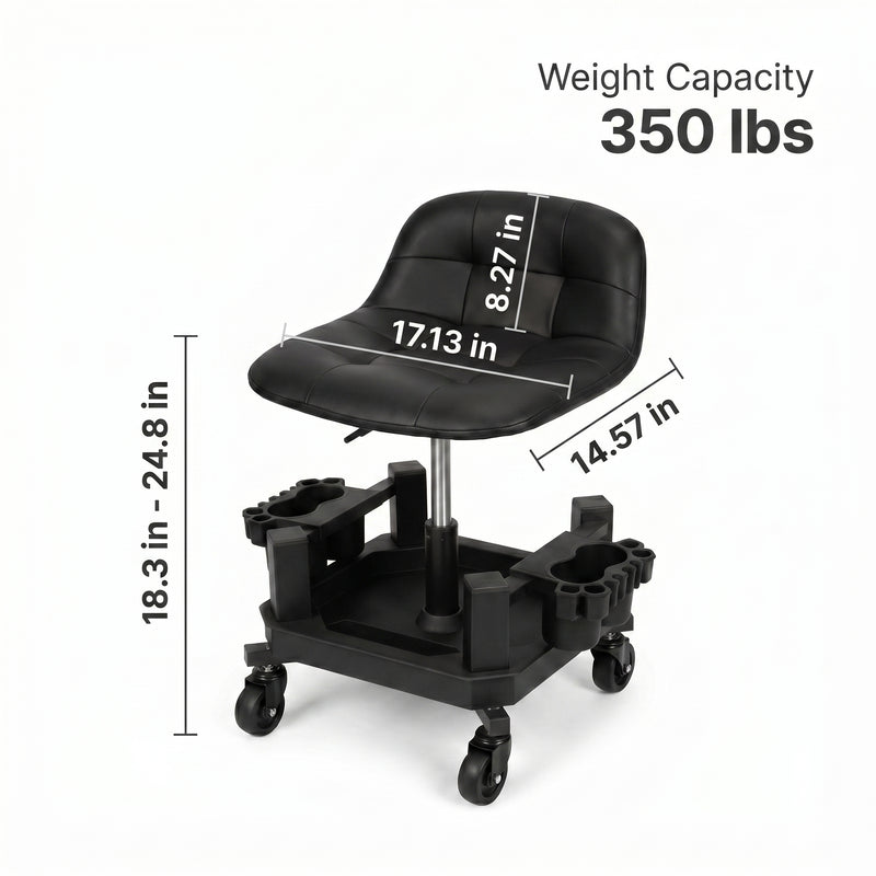 Red rolling garage stool with dimension callouts showing 400 lbs weight capacity