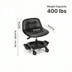 Red rolling garage stool with dimension callouts showing 400 lbs weight capacity