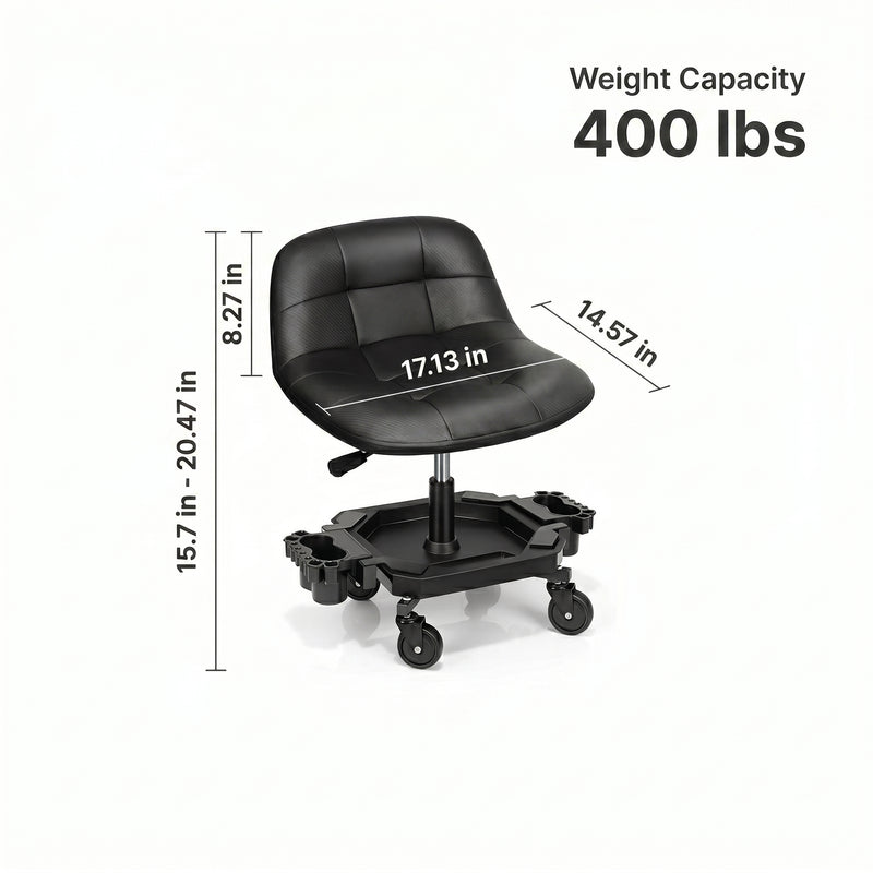 Red rolling garage stool with dimension callouts showing 400 lbs weight capacity