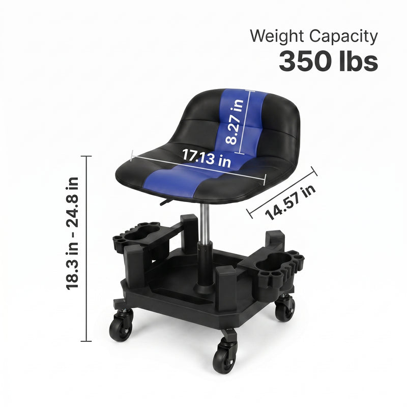 Red rolling garage stool with dimension callouts showing 400 lbs weight capacity
