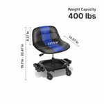 Red rolling garage stool with dimension callouts showing 400 lbs weight capacity