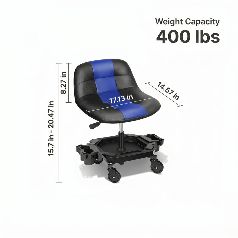 Red rolling garage stool with dimension callouts showing 400 lbs weight capacity