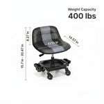 Red rolling garage stool with dimension callouts showing 400 lbs weight capacity