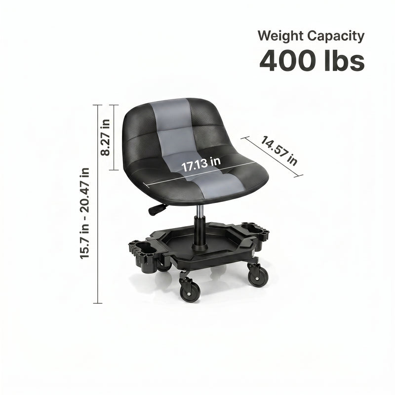 Red rolling garage stool with dimension callouts showing 400 lbs weight capacity