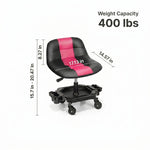 Red rolling garage stool with dimension callouts showing 400 lbs weight capacity