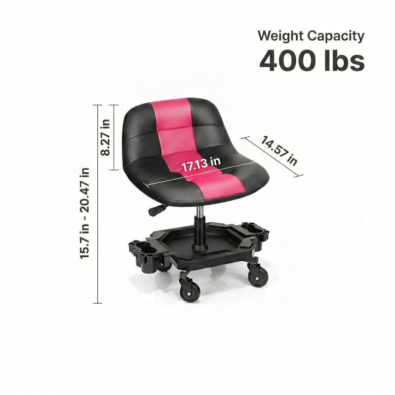 Red rolling garage stool with dimension callouts showing 400 lbs weight capacity