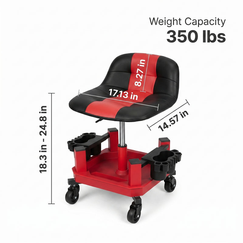 Red rolling garage stool with dimension callouts showing 400 lbs weight capacity