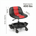 Red rolling garage stool with dimension callouts showing 400 lbs weight capacity