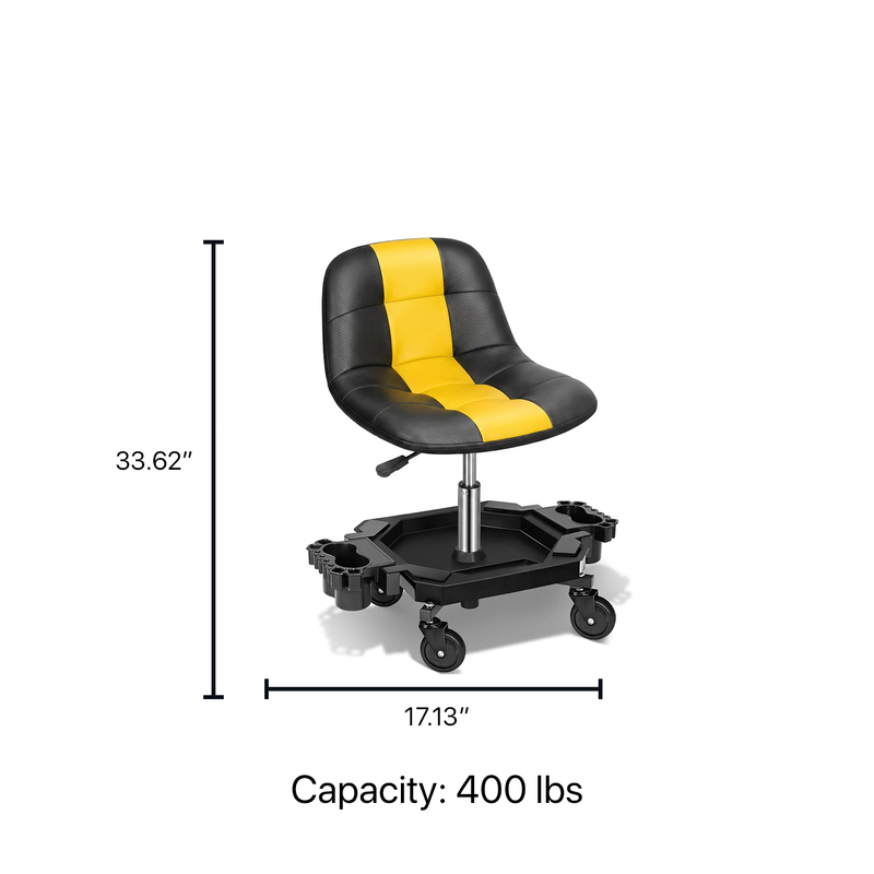Red rolling garage stool with dimension callouts showing 400 lbs weight capacity