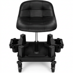 Red rolling garage stool with padded backrest shown from the front on a white background