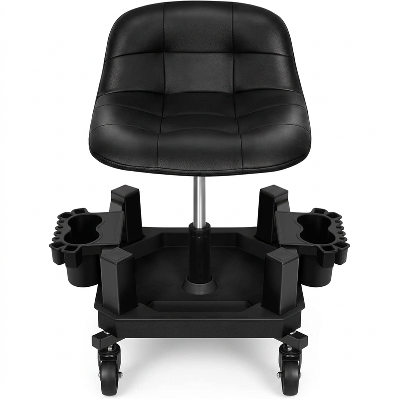 Red rolling garage stool with padded backrest shown from the front on a white background