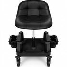 Red rolling garage stool with padded backrest shown from the front on a white background