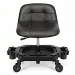 Red rolling garage stool with padded backrest shown from the front on a white background