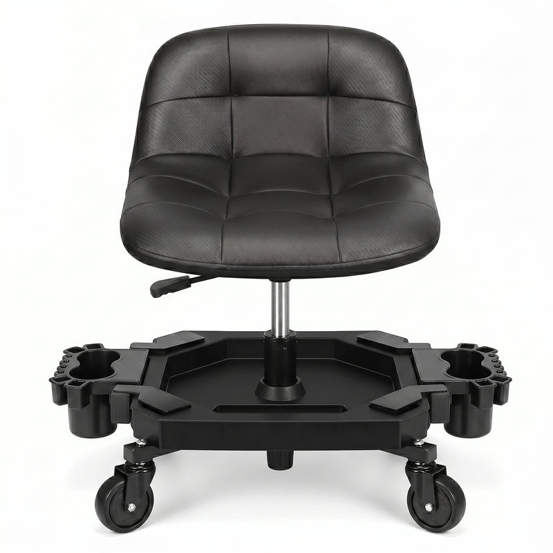 Red rolling garage stool with padded backrest shown from the front on a white background
